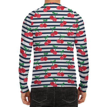 Cherry Striped Pattern Print Men's Long Sleeve Rash Guard