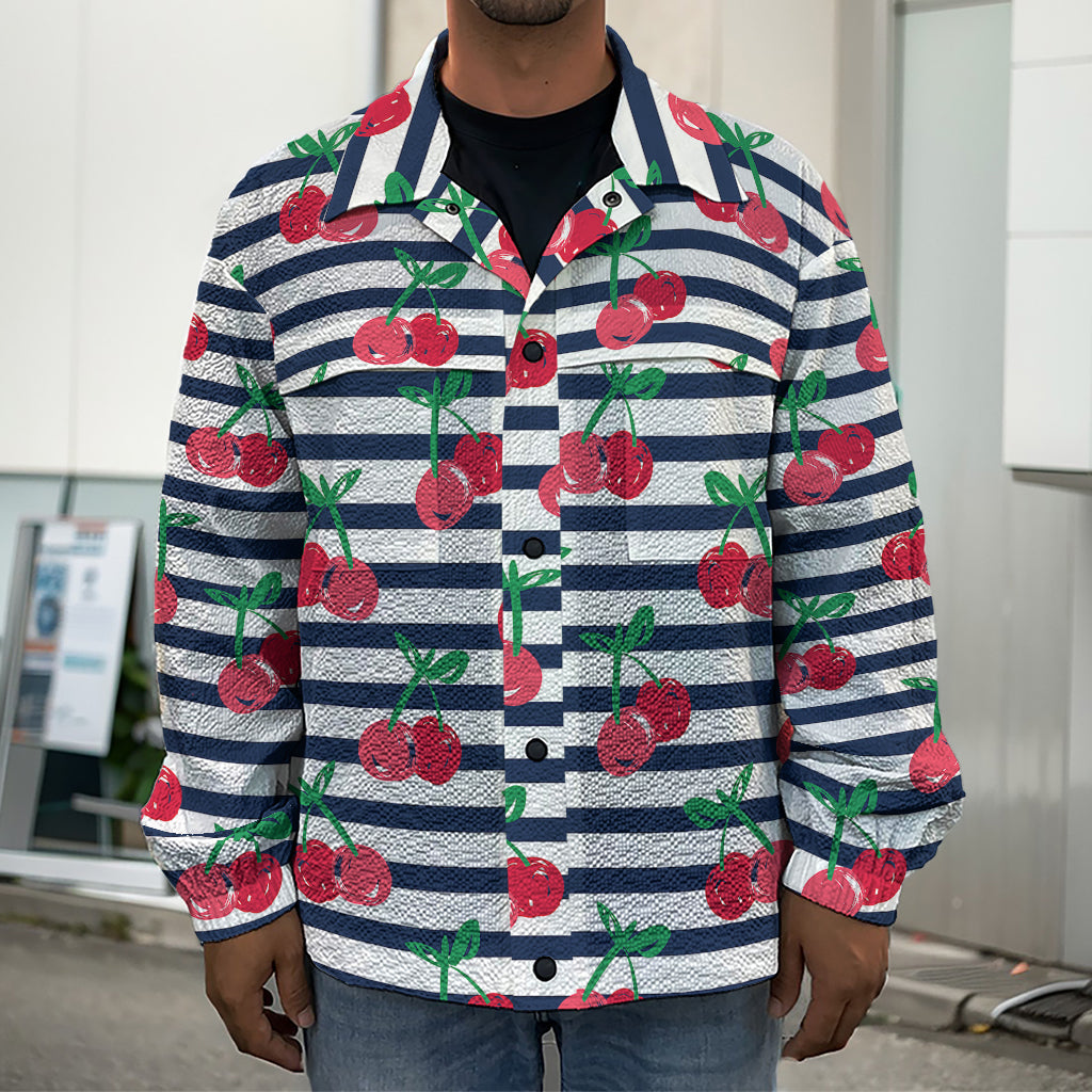 Cherry Striped Pattern Print Men's Shirt Jacket