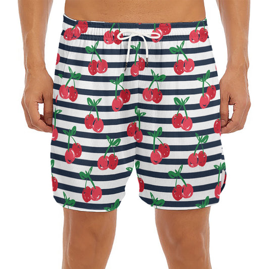 Cherry Striped Pattern Print Men's Split Running Shorts