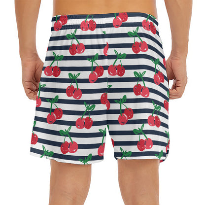 Cherry Striped Pattern Print Men's Split Running Shorts