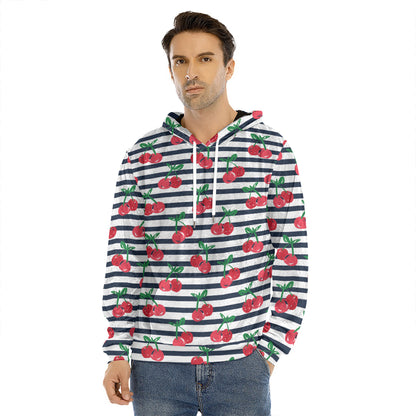 Cherry Striped Pattern Print Men's Velvet Pullover Hoodie