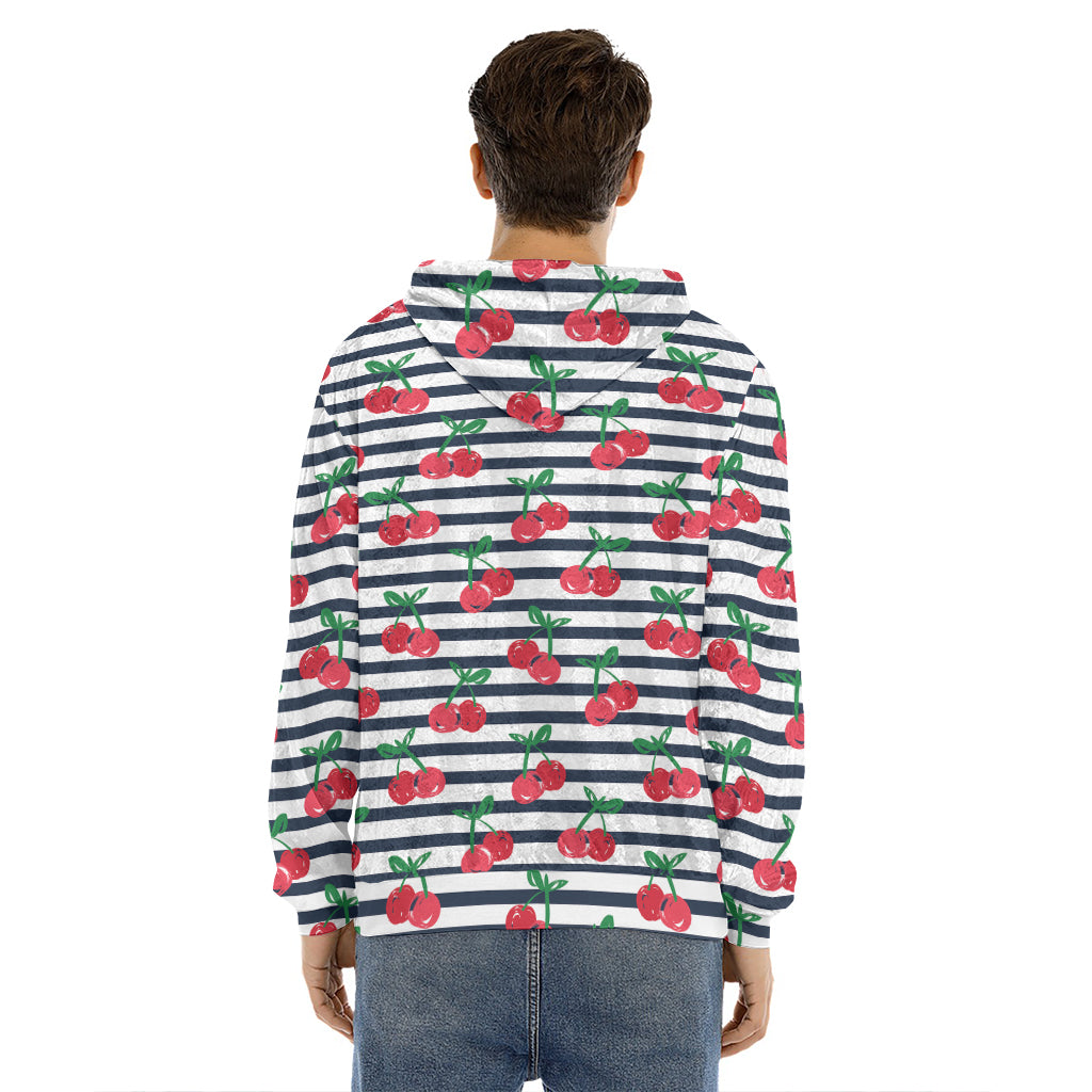Cherry Striped Pattern Print Men's Velvet Pullover Hoodie