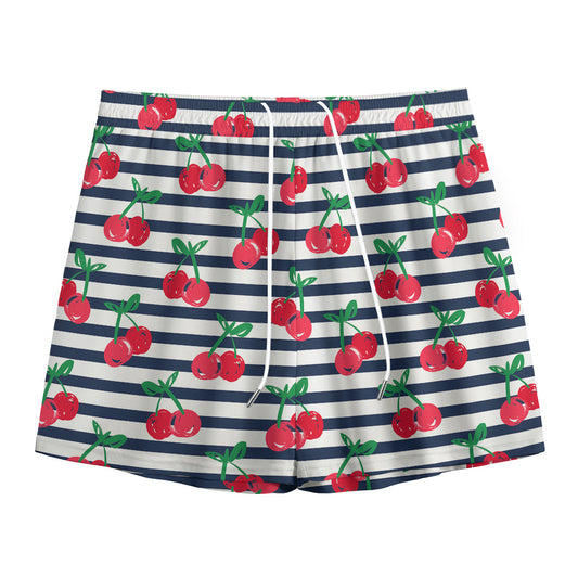 Cherry Striped Pattern Print Mesh Shorts
