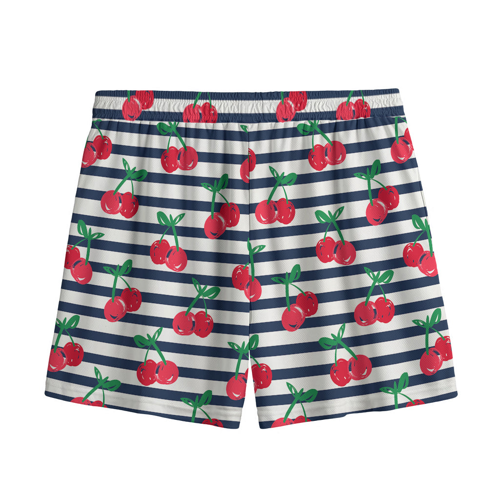 Cherry Striped Pattern Print Mesh Shorts