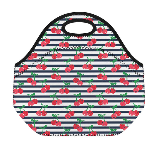 Cherry Striped Pattern Print Neoprene Lunch Bag