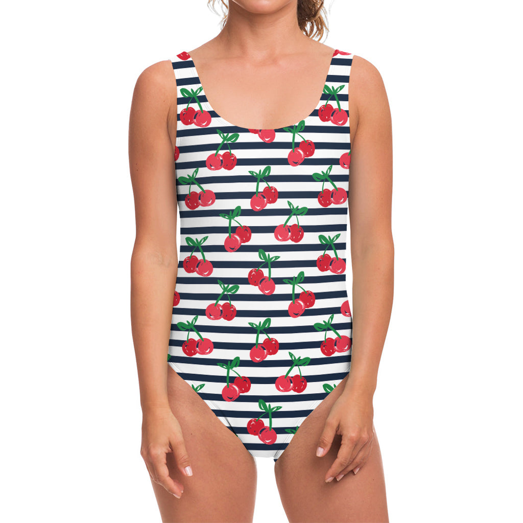 Cherry Striped Pattern Print One Piece Swimsuit