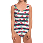 Cherry Striped Pattern Print One Piece Swimsuit