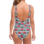 Cherry Striped Pattern Print One Piece Swimsuit