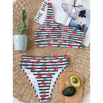 Cherry Striped Pattern Print One Shoulder Bikini Top