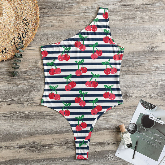 Cherry Striped Pattern Print One Shoulder Bodysuit