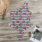 Cherry Striped Pattern Print One Shoulder Bodysuit