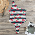 Cherry Striped Pattern Print One Shoulder Bodysuit