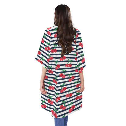 Cherry Striped Pattern Print Open Front Beach Cover Up
