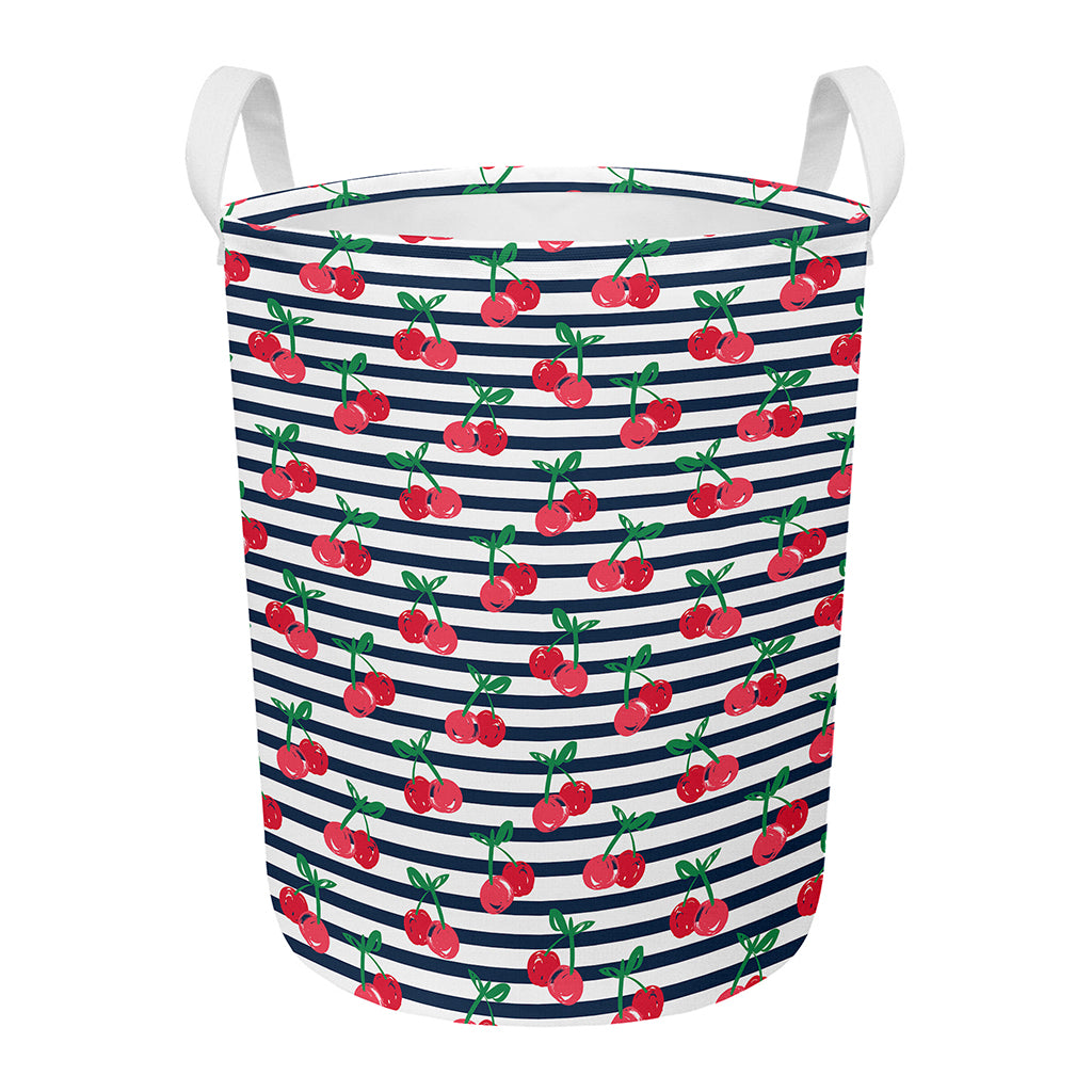 Cherry Striped Pattern Print Round Laundry Basket