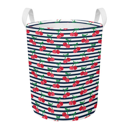 Cherry Striped Pattern Print Round Laundry Basket