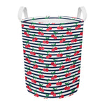 Cherry Striped Pattern Print Round Laundry Basket
