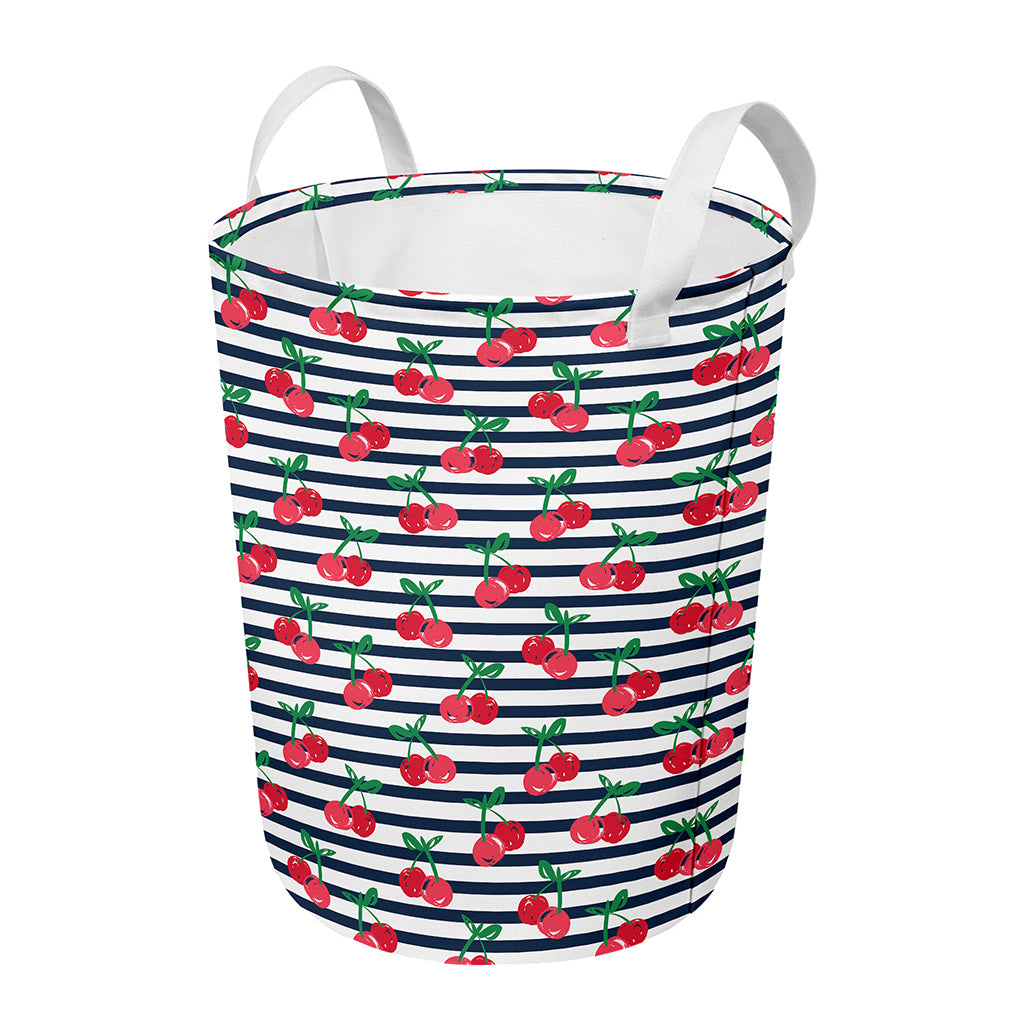 Cherry Striped Pattern Print Round Laundry Basket