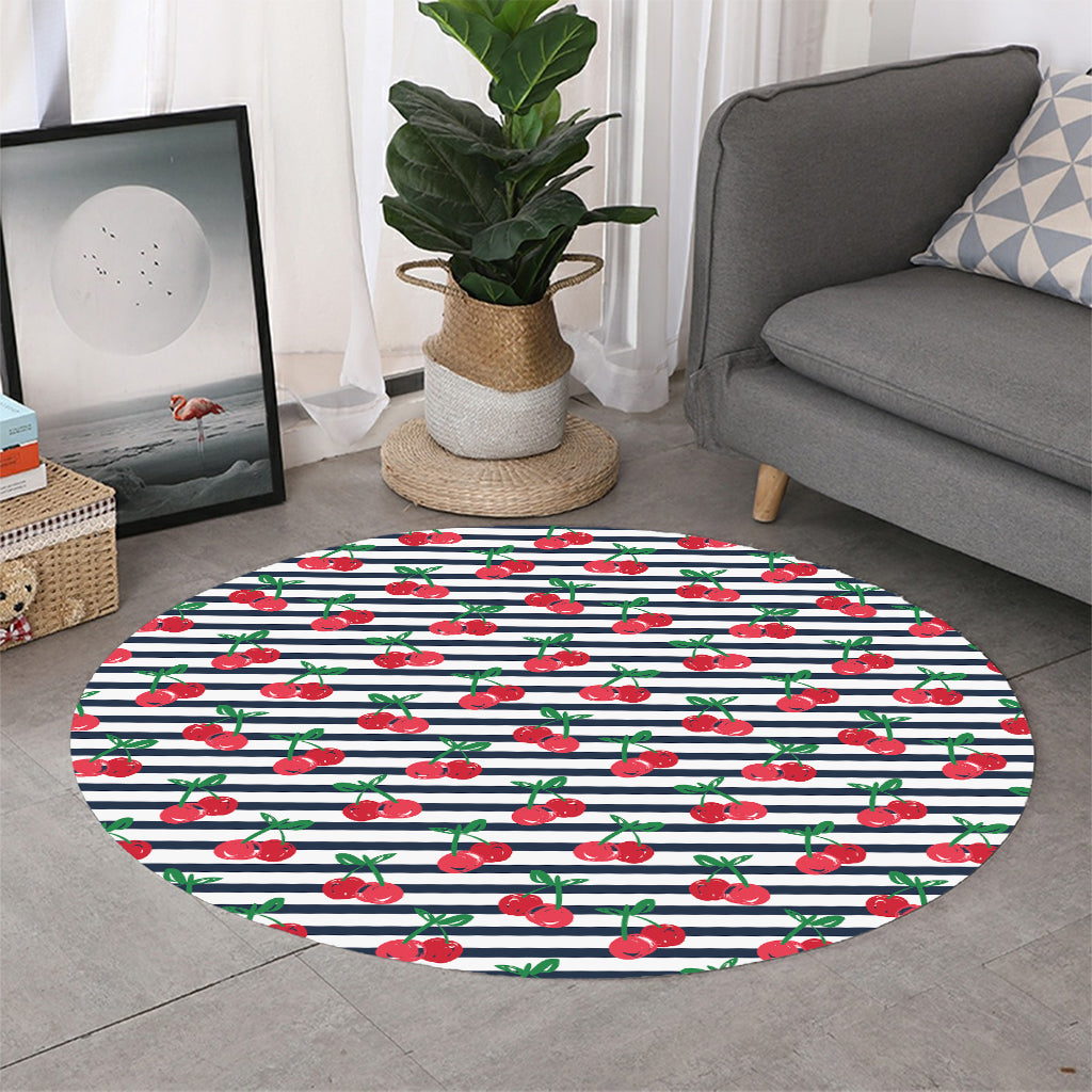 Cherry Striped Pattern Print Round Rug