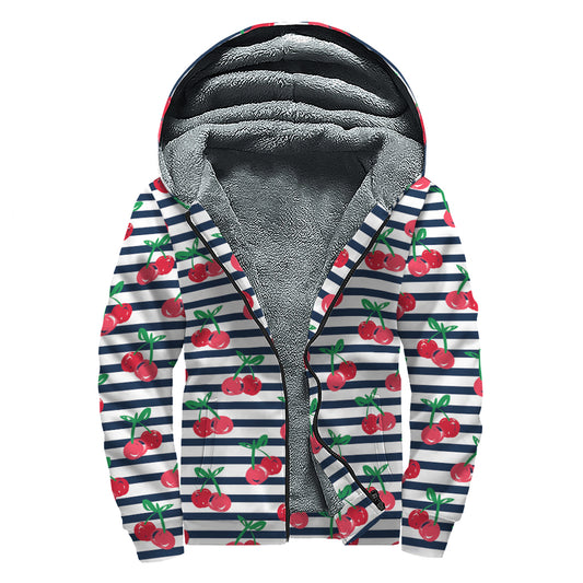 Cherry Striped Pattern Print Sherpa Lined Zip Up Hoodie