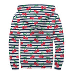 Cherry Striped Pattern Print Sherpa Lined Zip Up Hoodie