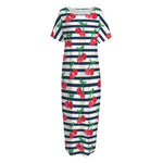 Cherry Striped Pattern Print Short Sleeve Long Nightdress