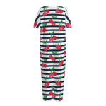 Cherry Striped Pattern Print Short Sleeve Long Nightdress