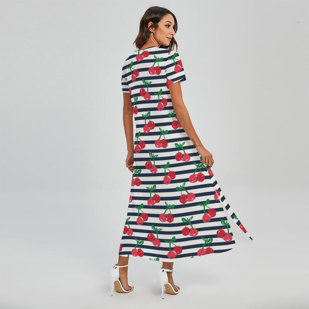 Cherry Striped Pattern Print Short Sleeve Maxi Dress