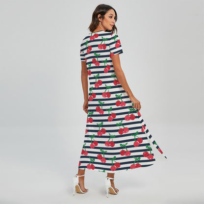 Cherry Striped Pattern Print Short Sleeve Maxi Dress