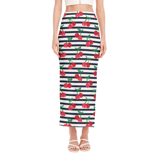 Cherry Striped Pattern Print Side Slit Maxi Skirt