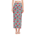 Cherry Striped Pattern Print Side Slit Maxi Skirt