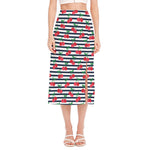 Cherry Striped Pattern Print Side Slit Midi Skirt