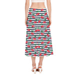 Cherry Striped Pattern Print Side Slit Midi Skirt