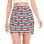 Cherry Striped Pattern Print Side Slit Mini Skirt