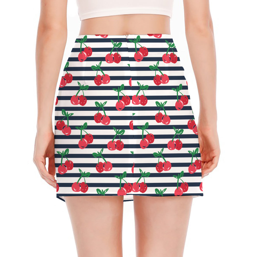 Cherry Striped Pattern Print Side Slit Mini Skirt