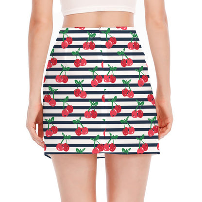 Cherry Striped Pattern Print Side Slit Mini Skirt