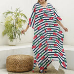 Cherry Striped Pattern Print Silk V-Neck Kaftan Dress
