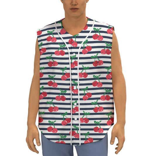 Cherry Striped Pattern Print Sleeveless Baseball Jersey