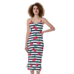 Cherry Striped Pattern Print Slim Fit Midi Cami Dress