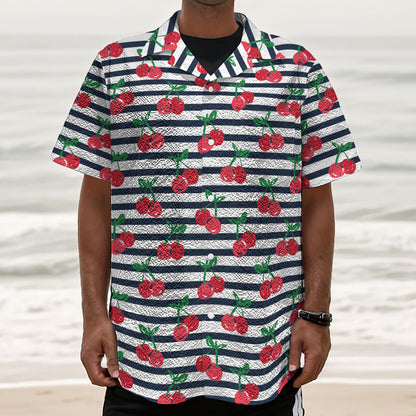 Cherry Striped Pattern Print Textured Short Sleeve Shirt