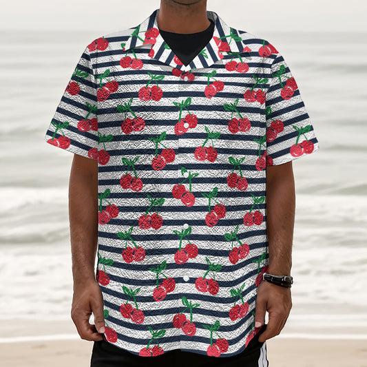 Cherry Striped Pattern Print Textured Short Sleeve Shirt