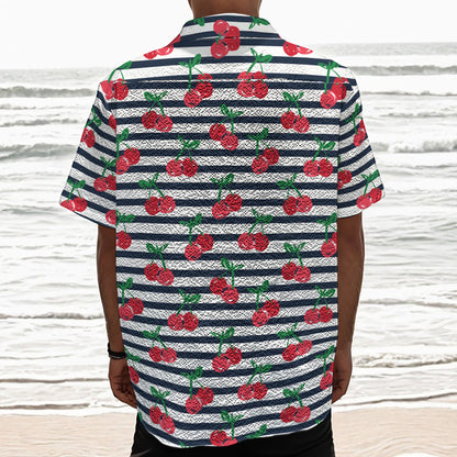 Cherry Striped Pattern Print Textured Short Sleeve Shirt