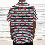Cherry Striped Pattern Print Textured Short Sleeve Shirt