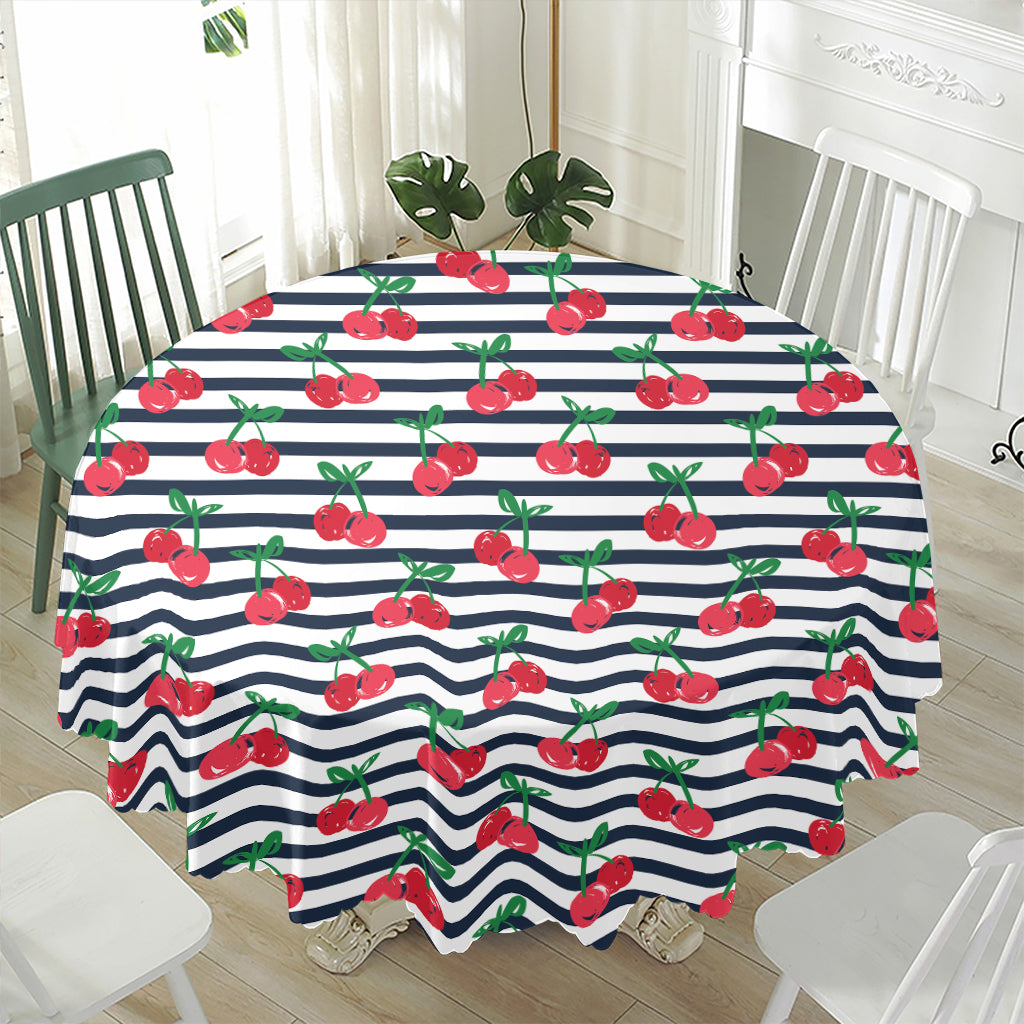 Cherry Striped Pattern Print Waterproof Round Tablecloth