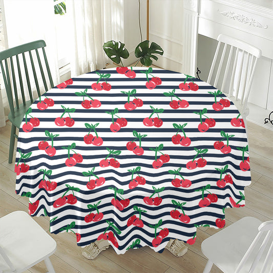 Cherry Striped Pattern Print Waterproof Round Tablecloth
