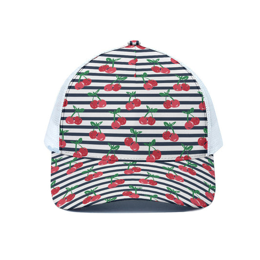 Cherry Striped Pattern Print White Mesh Trucker Cap