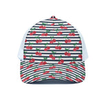 Cherry Striped Pattern Print White Mesh Trucker Cap
