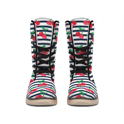 Cherry Striped Pattern Print Winter Boots