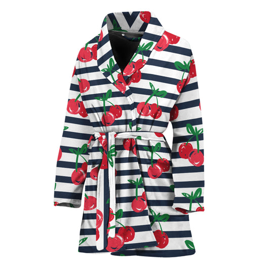 Cherry Striped Pattern Print Women's Bathrobe