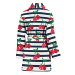 Cherry Striped Pattern Print Women's Bathrobe
