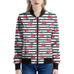 Cherry Striped Pattern Print Women's Bomber Jacket